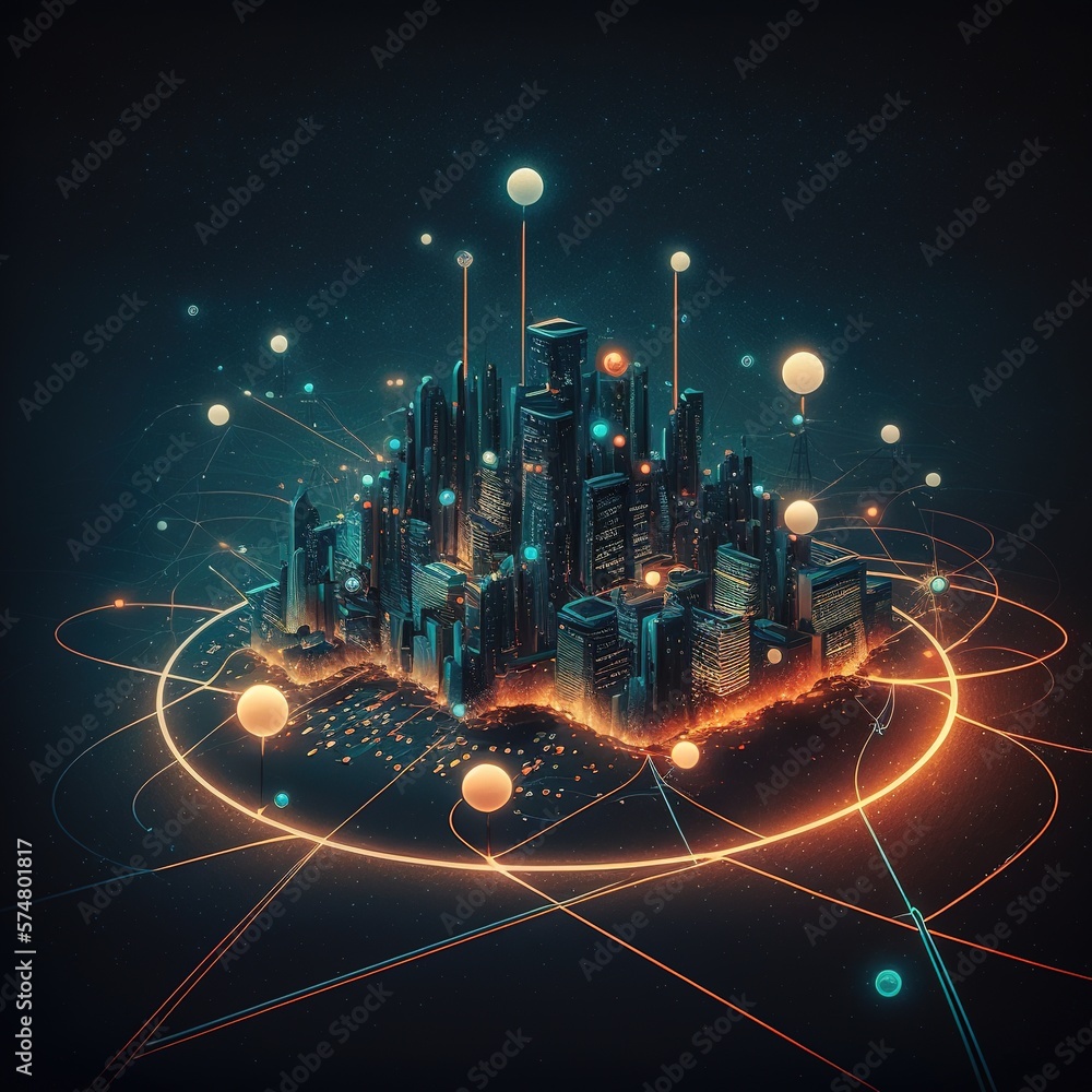 Poster smart city and abstract dot point connect with gradient line and aesthetic intricate wave line desig