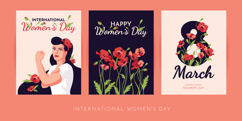 Flat illustrations of beautiful woman, March 8th, and flowers. Postcards set for International Women's Day