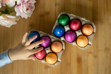 Overhead view of colorful Easter eggs. Happy Easter.