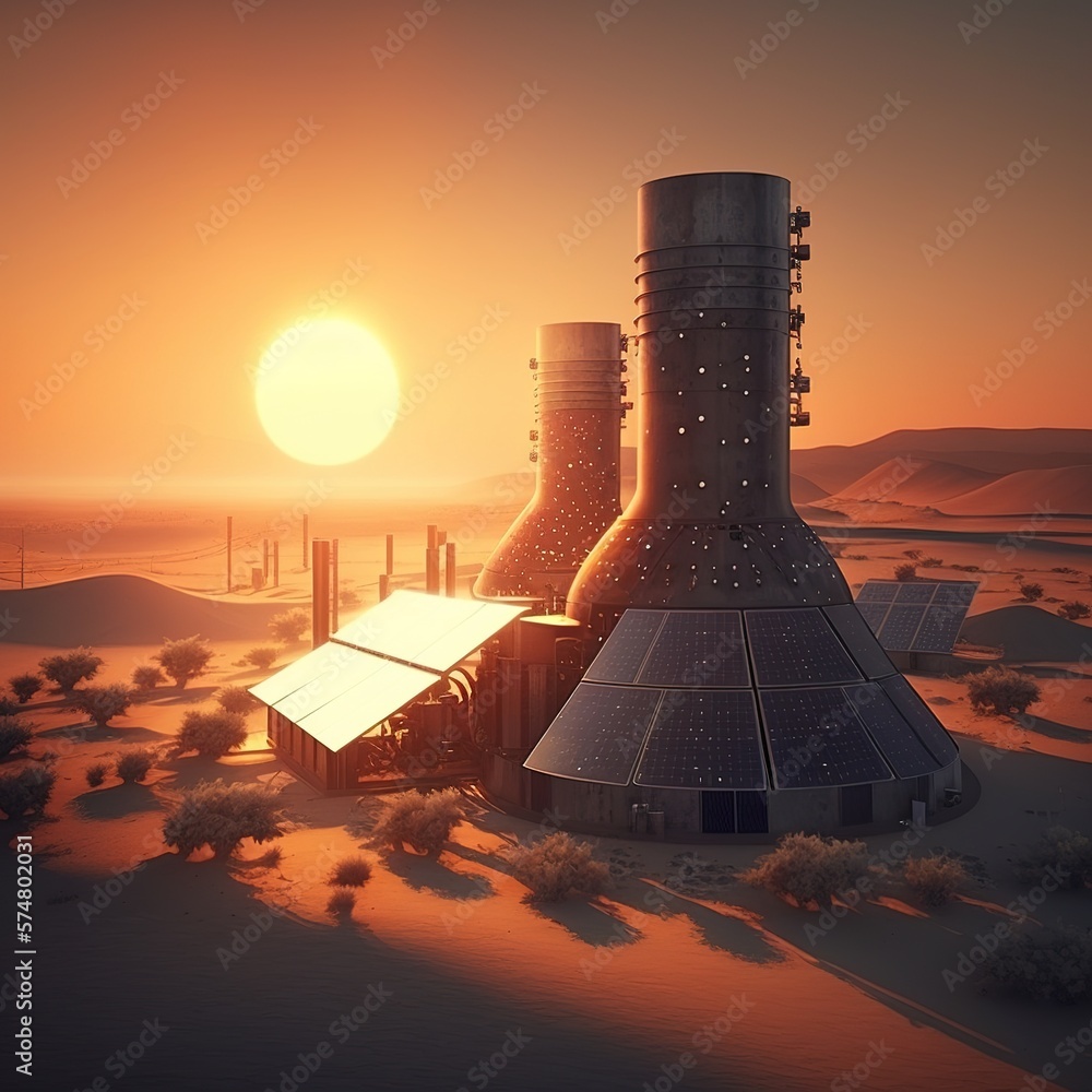 Sticker Solar power plant at sunset, generative ai