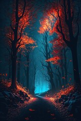 illustration, colorful very beautiful forest night in autumn,generative ai