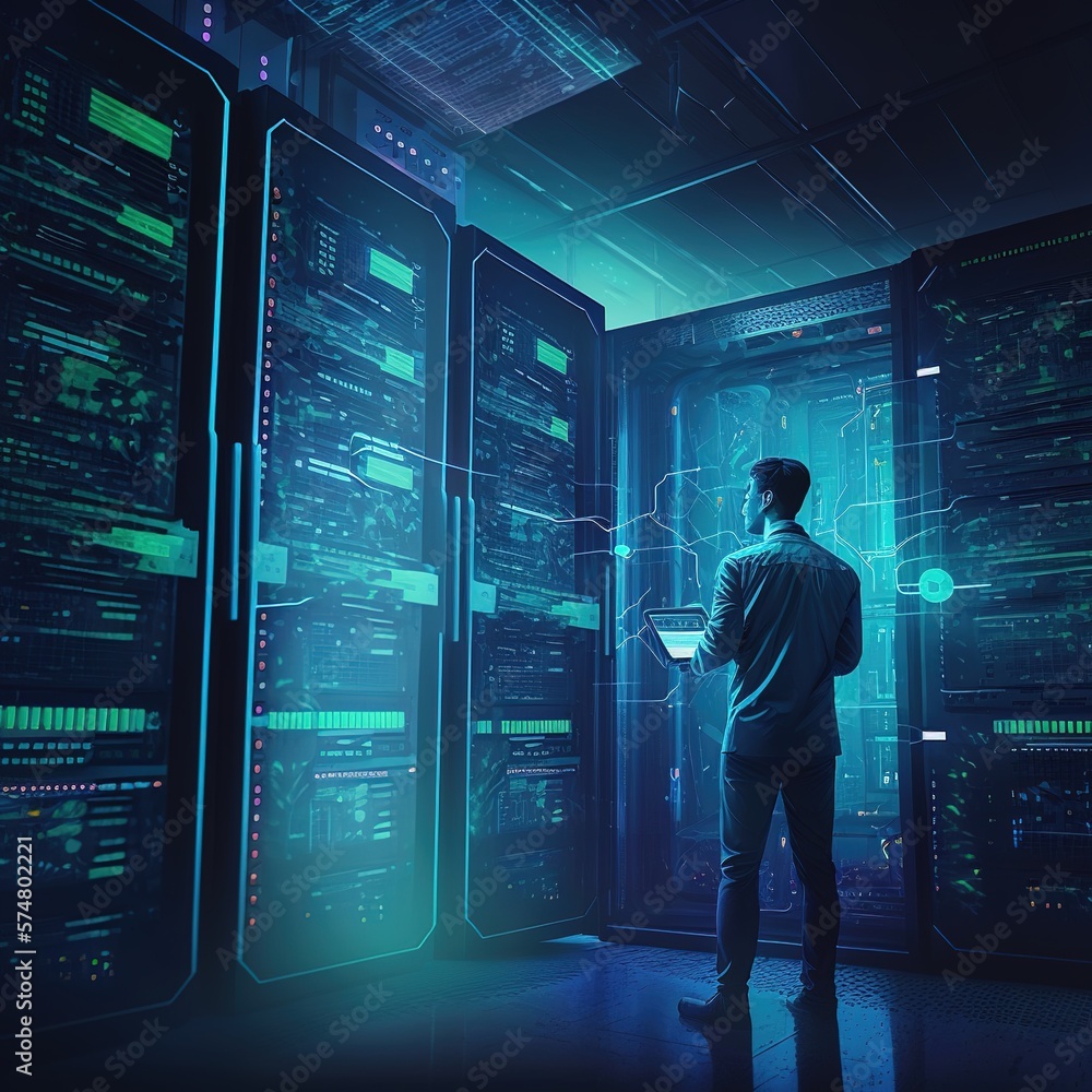 Poster working data center full of rack servers and supercomputers with internet connection, generative ai