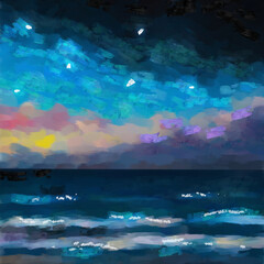Digital drawing in the style of impressionism, dawn over the sea and starry sky