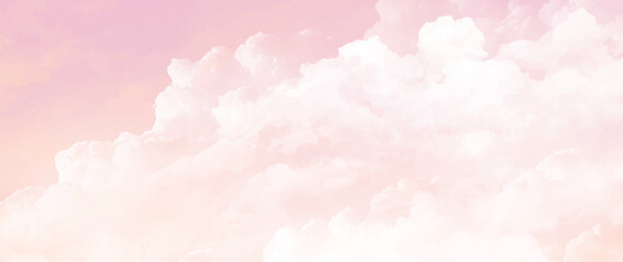 Pink vector watercolor art background with white clouds and pink sky. Hand drawn vector texture. Heaven. Watercolour banner. Abstract template for flyers, cards, poster, cover or design interior.