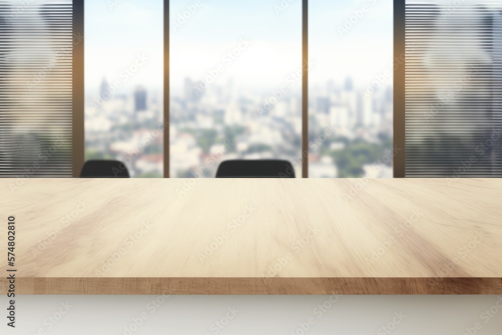 Poster close-up, mock-up of an empty office with a wooden desk and vacant space on a modern boardroom backg
