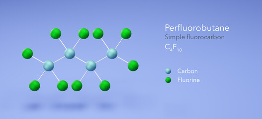 perfluorobutane molecule, molecular structures, simple fluorocarbon, 3d model, Structural Chemical Formula and Atoms with Color Coding