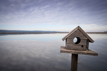 the wooden birdhouse in the lagoon