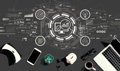 Marketing Strategy concept with electronic gadgets and office supplies - flat lay