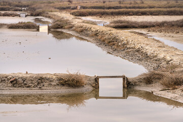 Winter panoramic view of marine pools in Secovlje salt pan, Slovenia 