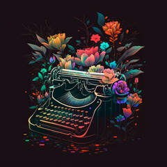 Typewriter print with flowers, neon colors, Generative AI