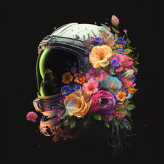 Astronaut helmet print with flowers, Neon colors, Generative AI