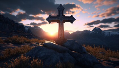 Christian cross on the mountain with sunset and beautiful sky. Mountain summit cross. Generative AI