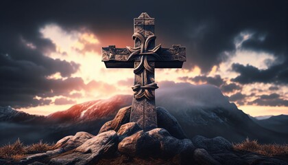 Christian cross on the mountain with sunset and beautiful sky. Mountain summit cross. Generative AI