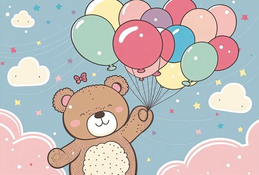 Card invitations for a baby shower. Baby and children's birthday party poster or greeting card featuring a cute teddy bear holding balloons against a pink sky background. What we have here is a female