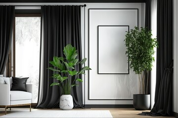 Contemporary room with black frames, draperies, and potted plants. Generative AI