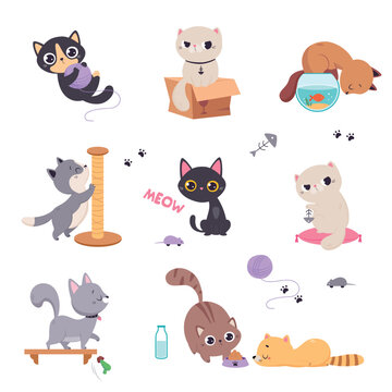 Cute Playful Cat as Domestic Pet with Funny Snout Engaged in Different Activity Vector Set