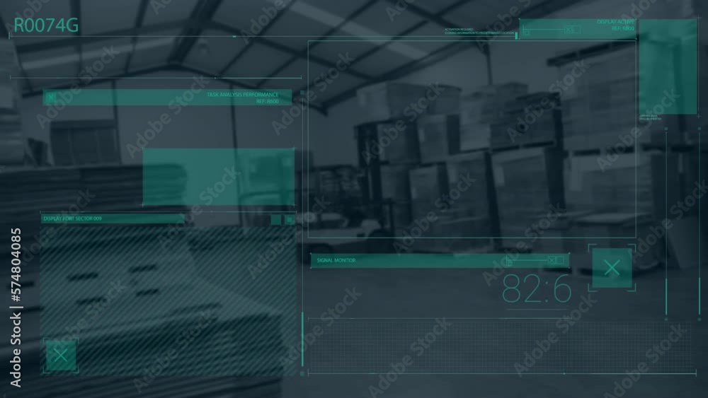 Poster animation of interface with data processing against empty warehouse