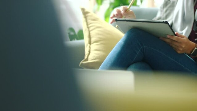 Business woman working with digital tablet on break for research, strategy or innovation creative web design. Corporate manager reading company analytics, tech data or Wordpress on internet website