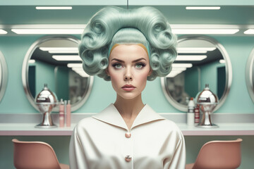 Futuristic portrait of a woman in pastel colors made in the retro style of the 60s and 70s. The concept of a hairdresser and beauty salon. Generative ai
