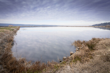 Winter panoramic view of marine pools in Secovlje salt pan, Slovenia 