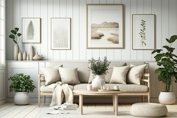 Nordic farmhouse design. Interior of beige living room with furnishings made of natural wood. Wall background mockup. illustration. Generative AI