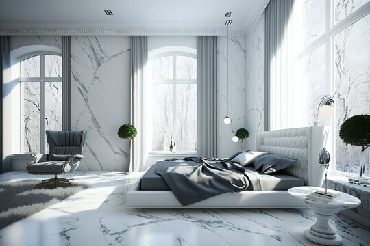 Marble themed contemporary master bedroom. Generative AI