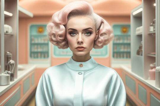 Futuristic Portrait Of A Woman In Pastel Colors Made In The Retro Style Of The 60s And 70s. The Concept Of A Hairdresser And Beauty Salon. Generative Ai