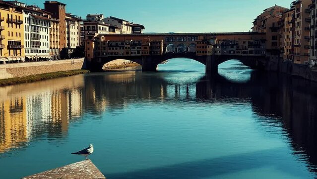 Arno River in Florence, Italy. Beautiful sunset over the river of the famous Italian city. River flows under the bridge on a sunny day. Ponte Vecchio and Ponte alla Carraia. Seagulls and clear skies.