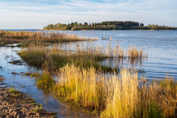 View of beach and an island in the sea. Storsand, Monäs. Nykarleby/Uusikaarlepyy, Finland