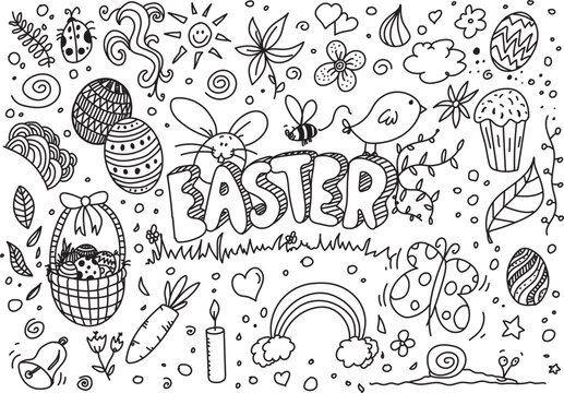 Easter vector doodles with floral elements, artistic hand drawing
