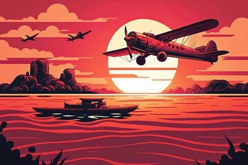 illustration, a red plane flies over the sea at sunset, ai generative