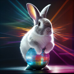 Easter bunny on the dance floor in disco style. Easter eggs are stylized as a disco ball. Generative AI. artificial intelligence work