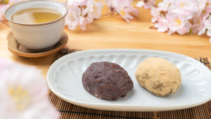 桜と和菓子のぼた餅(あんこときな粉)