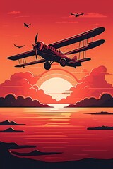 illustration, a red plane flies over the sea at sunset, ai generative