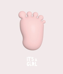 Cute Baby Shower Vector Illustration with Fluffy Pastel Pink  Foot and White Handwritten 