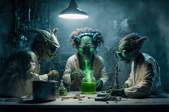 Created with Generative AI technology. Virus scientist or aliens making tests in lab inventing innovation in biology.