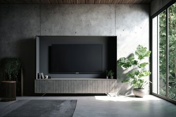 Make a concrete-walled TV mockup in a gloomy room. Generative AI