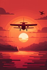 Fototapeta na wymiar illustration, a red plane flies over the sea at sunset, ai generative