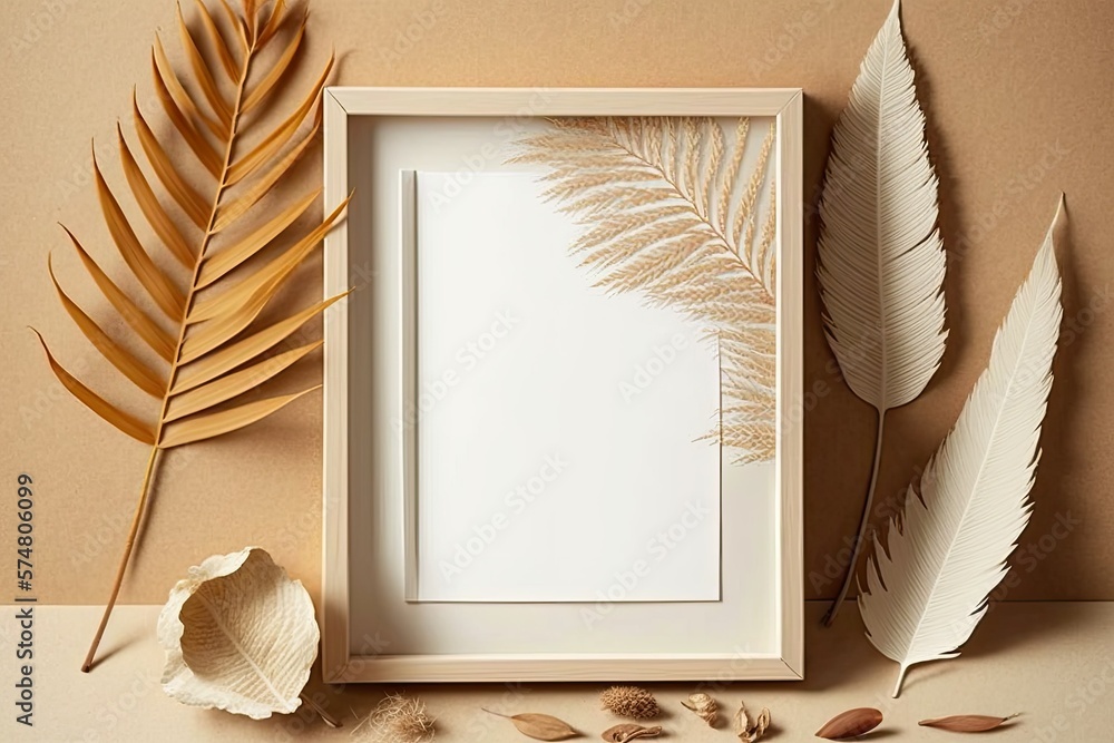Poster close-up of a picture frame and several dried leaves of a sugar palm. blank mockup template for show
