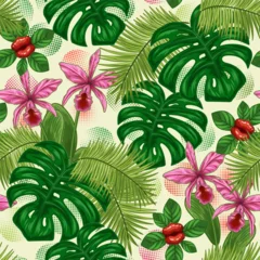 Fotobehang Seamless pattern with tropical vegetation, halftone shapes on white background. Monstera, palm leaves, orchid, exotic flower like lips. Vintage illustration for prints, apparel, surface design © OA_Creation