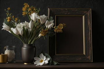 wooden frame with flowers in it on a black wall. Generative AI