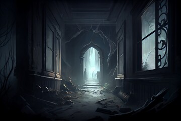 A Spooky Corridor Filled With Supernatural Fog And Rubble In The Abandoned Haunted House. Illustration. Generative AI