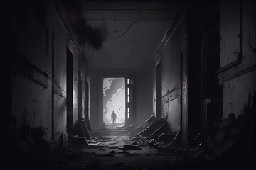 Fototapeta na wymiar A Spooky Corridor Filled With Supernatural Fog And Rubble In The Abandoned Haunted House. Illustration. Generative AI