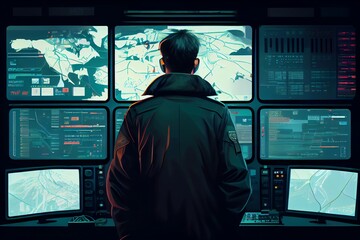 A Man In Uniform Stands At A Control Center With His Back To Us Keeping An Eye On Multiple Displays. Illustration. Generative AI