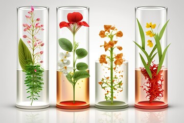 Potted plants in test tubes. Medications and cosmetics based on chemistry based skin care studies. Generative AI