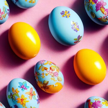 Seamless abstract easter theme pattern of colorful, hand painted easter eggs on a pink background. Generative AI