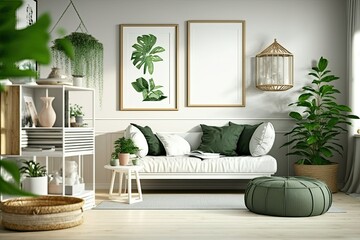 Green pouf, teapot, trendy shelf, plants, books, accessories, mock-up poster frames, attractive carpet, and rattan accents in living room. wood staging panels. Template. Generative AI