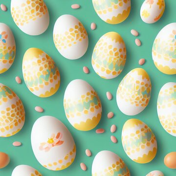 Seamless easter theme pattern, colorful, hand painted easter eggs on a green background. Generative AI