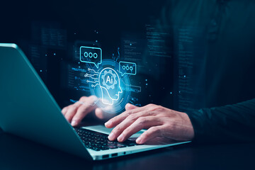 Concept Humans work with artificial intelligence, humans use intelligent AI technology enter command prompt for generates to solve problems, let AI help humans do their jobs.