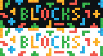 Word Blocks lined with Tetris cubes. Green, red, blue figures from children's retro video game. Vector geometric pattern from multicolored constructor. Set of design elements to create puzzle for kids